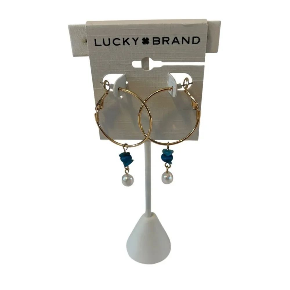 Faux Turquoise & Pearl Goldtone Hoops. Perfect for Summer.